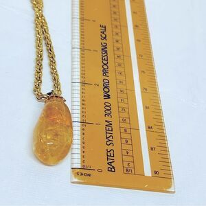 Chunky Citrine Quartz Pendant Necklace on 30” Twisted Gold Tone Chain Vintage
